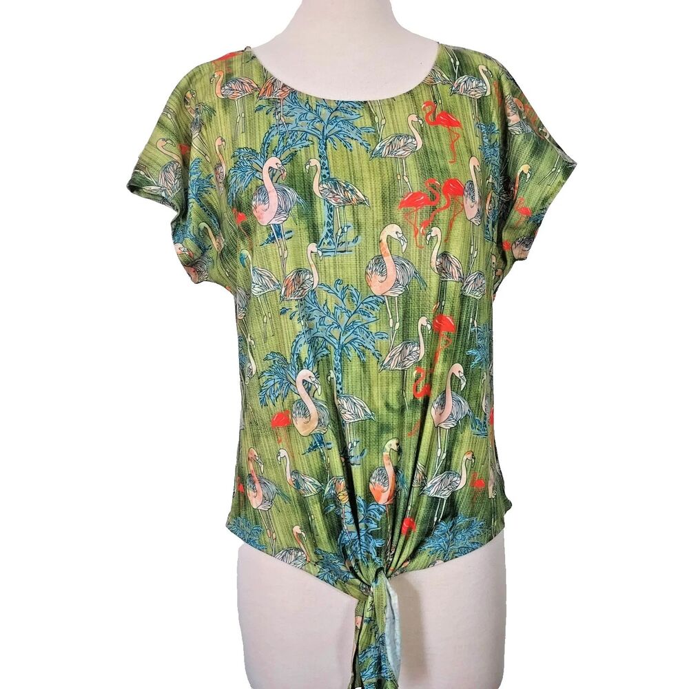 One World Women’s Size M Tie Front T Shirt Top Flamingo Tropical Dolman Sleeve